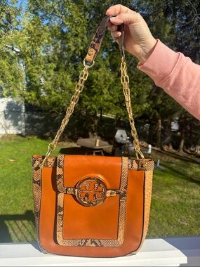 Tory Burch Tan Leather Shoulder Bag with Snake-Print Trim & Gold Chain